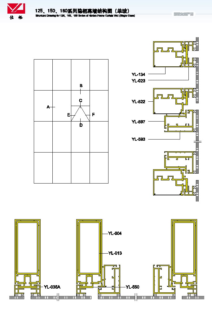 125 150 180 Structural Drawing of Hidden Frame Curtain Wall Series (Single Glass)