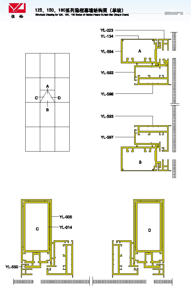 125 150 180 Structural Drawing of Hidden Frame Curtain Wall Series (Single Glass)